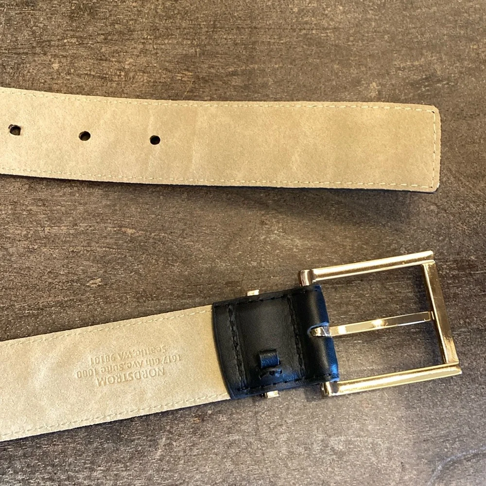 Halogen Men's Black Leather Belt Gold Tone Buckle Size Large Trouser Fit Classic